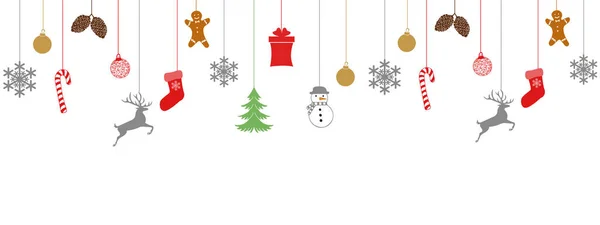 Neşeli Noel ve mutlu yeni yıl tebrik kartı tasarım şablonu düzeni asma oyuncak, çorap, Hediyelik, feer, kar tanesi, şeker, ağaç, kardan adam, gösterişli beyaz arka plan üzerinde.