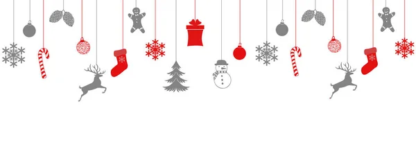 Neşeli Noel ve mutlu yeni yıl tebrik kartı tasarım şablonu düzeni asma oyuncak, çorap, Hediyelik, feer, kar tanesi, şeker, ağaç, kardan adam, gösterişli beyaz arka plan üzerinde.