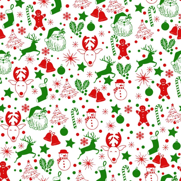 Christmas Seamless Green Red Pattern White Background Deer Snowman Candy — Stock Photo, Image