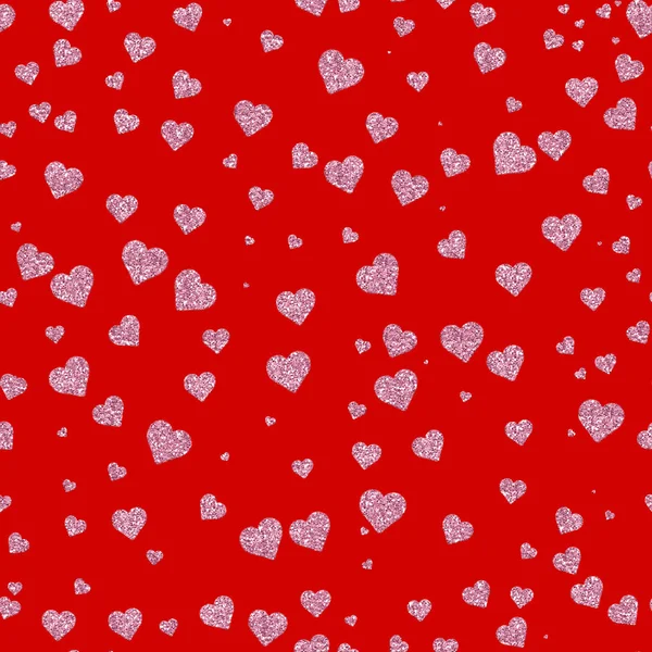 赤い背景の上の銀心を重からのシームレスなパターン バレンタインの日 — ストック写真