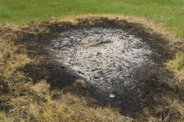 Cinzas da relva queimada. Cinzas vegetais no campo após o incêndio ter sido queimado — Fotografia de Stock