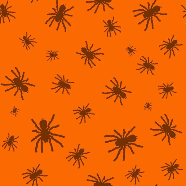 Padrão sem costura com silhueta preta de aranha no fundo laranja. Textura decorativa Halloween. Padrão para design, web, papel de embrulho, tecido . — Fotografia de Stock