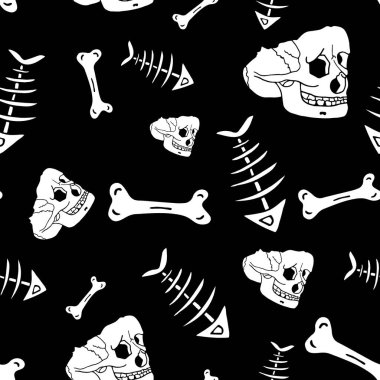 Kafataslarından ve kemiklerden yapılmış kusursuz desen. Siyah arka planda kabartma biçiminde. Cadılar Bayramı deseni