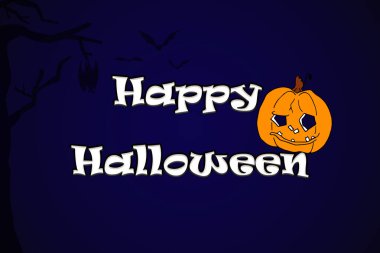 Balkabağı, ağaç ve yarasalarla Cadılar Bayramı mesajınız kutlu olsun. Koyu mavi arkaplanda resimler.