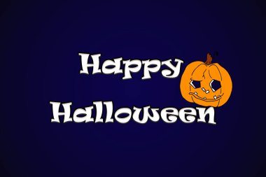 Karttaki Cadılar Bayramı mesajınız kutlu olsun. Kabak karalaması. Koyu mavi arkaplanda resimler.