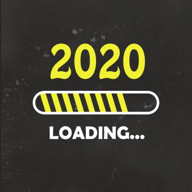 Yeni yılın kutlu olsun, Neon tarzı ikon yükleme ile. İlerleme sarı çubuğu, koyu gri arka planda neredeyse yeni yıl arifesine ulaşıyor.