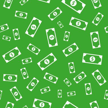 Düz para birimi beyaz banknot simgesi. Yeşil arka planda dolar indirimi illüstrasyonu. Banknote tasarısı kusursuz şablon iş konsepti