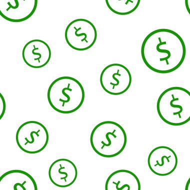 Yuvarlak dolar yeşil işaret paraları kusursuz desen, iş ve finans, yatırım, gelir artışı, mali geçmiş, beyaz arka plan stok illüstrasyonları