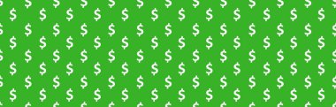 Dolar işaretleri kusursuz desen. Amerikan para birimi sembollerinin yeşil arka planda beyaz rengini tekrarladığı arkaplan paketleme. Kullanılabilir wab site, reklam, poster, afiş için