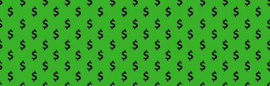 Dolar işaretleri kusursuz desen. Amerikan para birimi sembollerinin yeşil arka planda siyah rengini tekrarlayan arkaplan paketleme. Kullanılabilir wab site, reklam, poster, afiş için