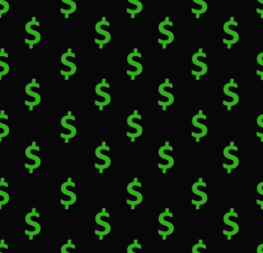 Dolar işaretleri kusursuz desen. ABD para birimi sembollerinin tekrarlanması ile arkaplan kaplaması siyah arkaplan üzerinde yeşil renk.