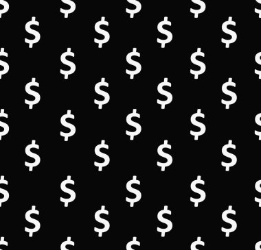 Dolar işaretleri kusursuz desen. ABD para birimi simgelerinin tekrarlanması ile arka plan paketleniyor siyah arkaplan üzerinde beyaz renk.