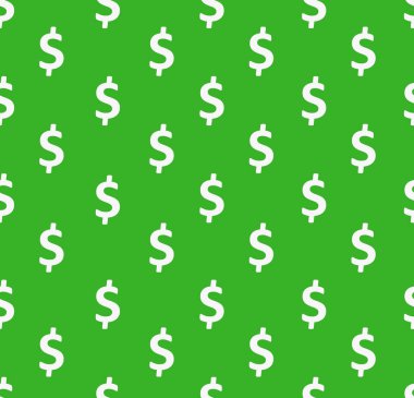 Dolar işaretleri kusursuz desen. ABD para birimi simgelerinin tekrarlanması ile arkaplan sarılıyor yeşil arkaplan üzerinde beyaz renk.