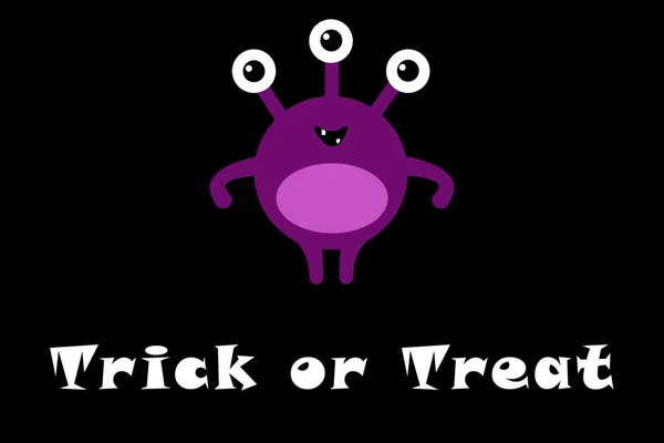 Cute cartoon monster with three eyes on black background with Trick or Treat text . Happy Halloween card. Flat design.