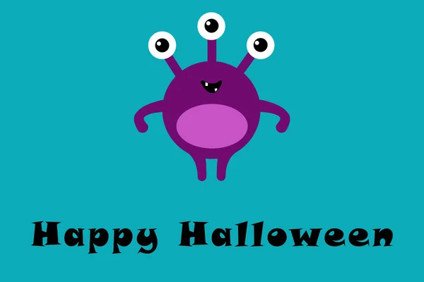 Cute cartoon monster with three eyes on blue background with Happy Halloween text . Happy Halloween card. Flat design.