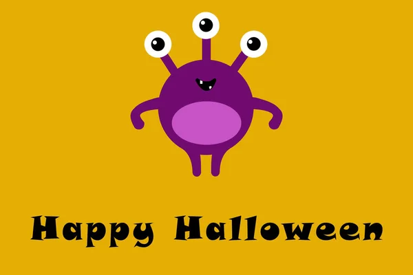 Cute Kreskówki Potwór Trójką Oczu Pomarańczowym Tle Happy Halloween Tekst — Zdjęcie stockowe