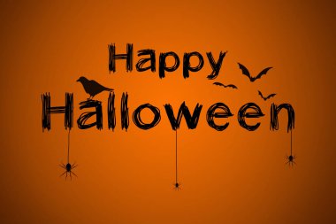 Kartvizitte örümcekler, kargalar ve yarasalarla Cadılar Bayramı 'nız kutlu olsun. Turuncu gradyan arkaplanda illüstrasyon