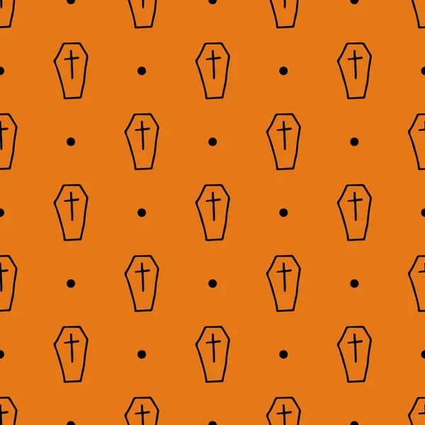 Autumn seamless pattern with coffins. Endless texture for wallpaper, background, wrapping. halloween and thanksgiving ornament. Black, orange colors.