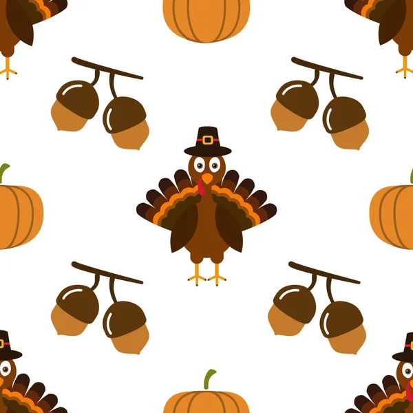 Thanksgiving sömlös mönster bakgrund höst pumpa semester mat skörd firande illustration. Semester Thanksgiving kalkon ekollon mönster — Stockfoto