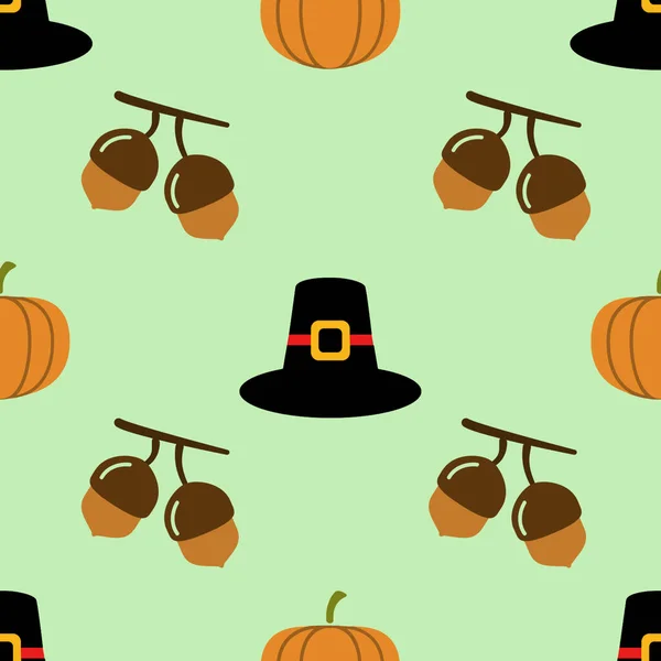 Happy Thanksgiving Day seamless pattern on greenbackground with acorn, hat, pumpkin. holiday food celebration autumn illustration