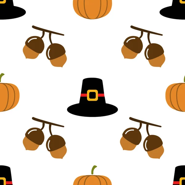 Joyeux Thanksgiving Day motif sans couture sur fond blanc avec gland, chapeau, citrouille. fête nourriture célébration automne illustration — Photo