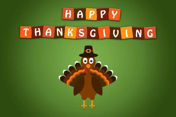 Grattis Thanksgiving text Tecknad Turkiet Pilgrim på grön bakgrund Thanksgiving affisch. — Stockfoto