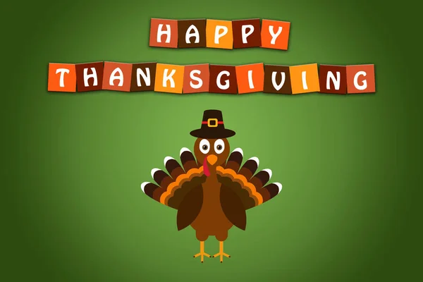 Happy Thanksgiving text Cartoon Turkey Pilgrim on green background Thanksgiving poster.