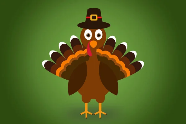 Leuke cartoon Turkije Pilgrim met hoed op groene achtergrond Thanksgiving poster. — Stockfoto