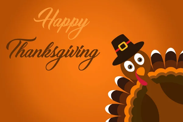 Glad Thanksgiving text Tecknad Turkiet Pilgrim med hatt på orange bakgrund Thanksgiving affisch. — Stockfoto