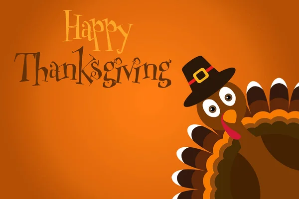 Happy Thanksgiving text Cartoon Turkey Pilgrim with hat on orange background Thanksgiving poster.