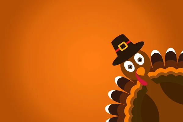 Mignon dessin animé Turquie Pilgrim avec chapeau sur fond dégradé orange Affiche de Thanksgiving. — Photo