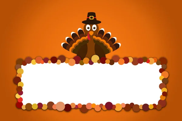 Grattis Thanksgiving text Tecknad serie Turkiet Pilgrim på orange bakgrund Thanksgiving affisch med tomt utrymme — Stockfoto