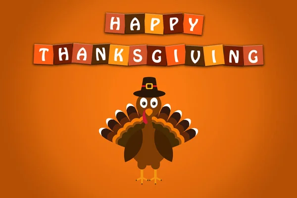 Glad Thanksgiving text Tecknad Turkiet Pilgrim med hatt på orange bakgrund Thanksgiving affisch. — Stockfoto
