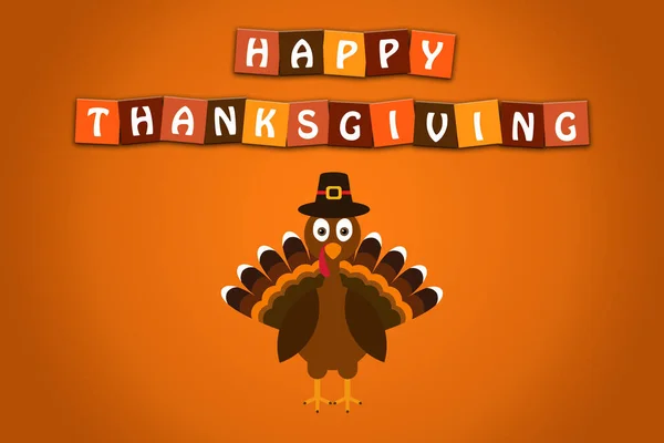 Happy Thanksgiving text Cartoon Turkey Pilgrim with hat on orange background Thanksgiving poster.