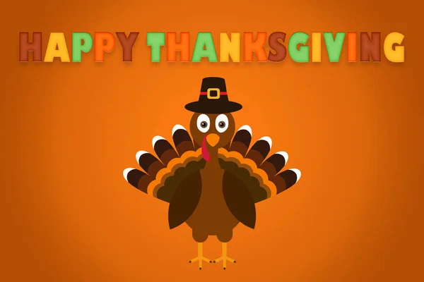 Glad Thanksgiving text Tecknad Turkiet Pilgrim med hatt på orange bakgrund Thanksgiving affisch. — Stockfoto