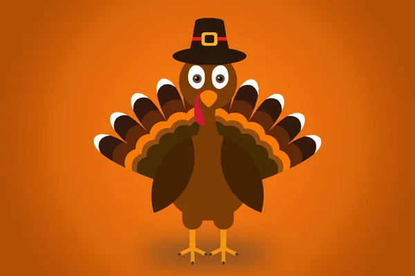 Söt tecknad Turkiet Pilgrim med hatt på orange lutning bakgrund Thanksgiving affisch. — Stockfoto