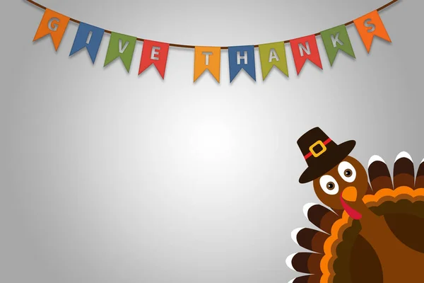 Feliz texto de Acción de Gracias Caricatura Turquía Peregrino sobre fondo blanco Cartel de Acción de Gracias con banderas colgantes dar gracias texto —  Fotos de Stock
