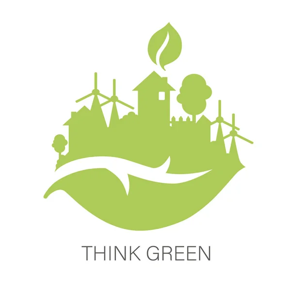 Pense verde e conceito de ecologia com cidade verde na folha, conceito de energia verde, ilustração vetorial — Vetor de Stock