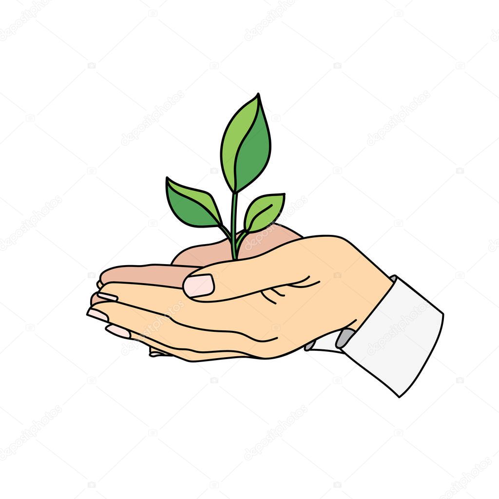 Business growth symbol. Hands holding a sprout. Hands of a businesswoman holding a growing tree. Environment friendly eco symbol. Vector illustration.