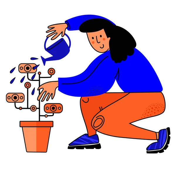 Para basan madeni para ağacı, para büyüyen kadın, finansal büyüme konsepti. Para kazanma kavramı. Vektör illüstrasyonu.