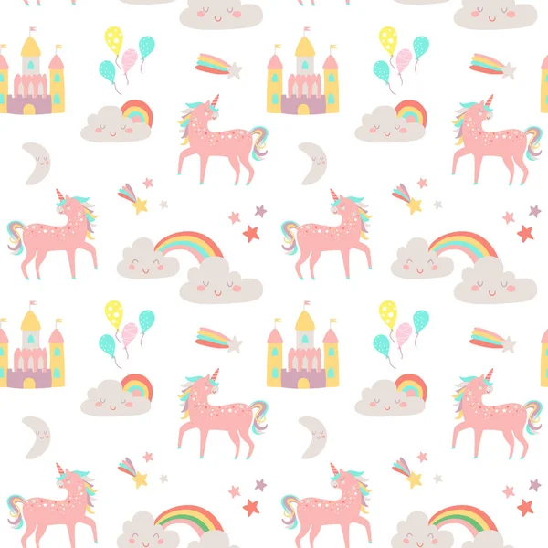 Cute Magic Land Vector Seamless Pattern Fairy Castle Clouds Unicorn Stock Illustration