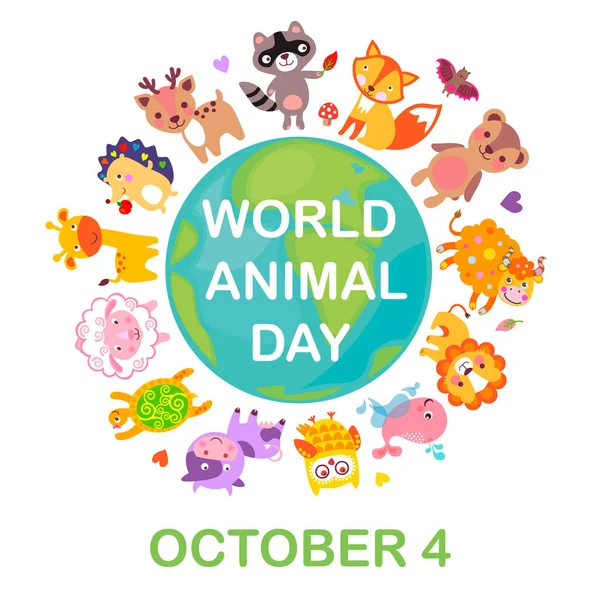 Всесвітній День Тварин Жовтня Векторна Ілюстрація Милі Дитячі Тварини Цілому Стоковий вектор