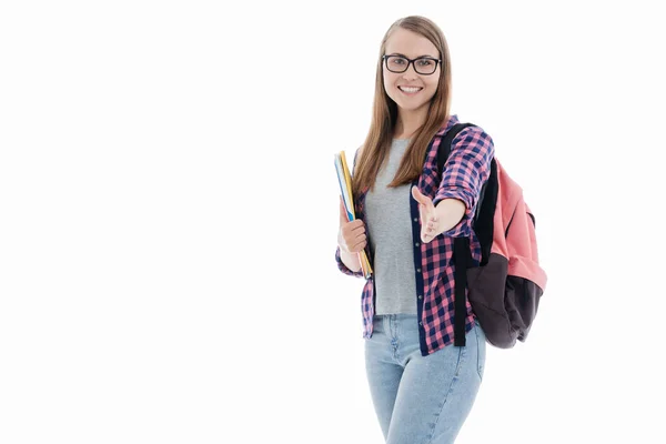 Retrato de una joven estudiante sobre un fondo blanco — Foto de Stock