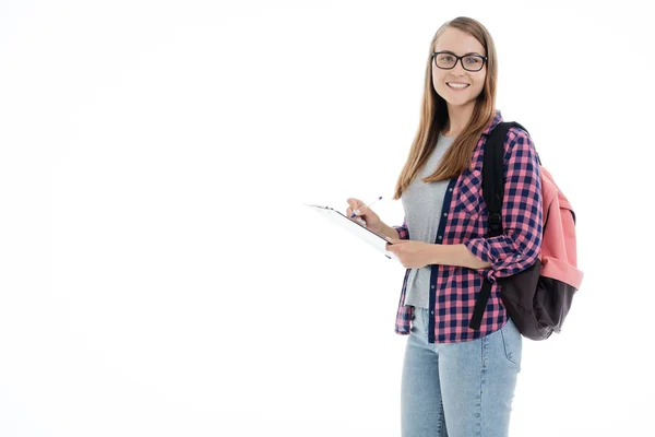 Retrato de una joven estudiante sobre un fondo blanco — Foto de Stock