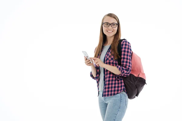 Ritratto di una giovane studentessa su sfondo bianco — Foto Stock