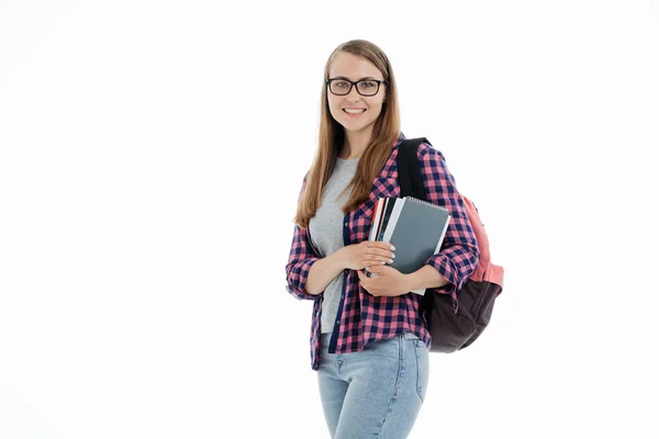 Retrato de uma jovem estudante em um fundo branco — Fotografia de Stock
