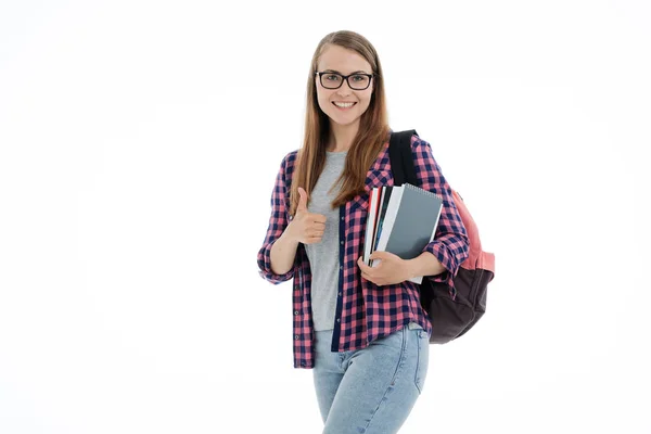 Porträtt av en ung student tjej på en vit bakgrund — Stockfoto