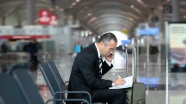 İş adamı yolcu havaalanında kalemle notlar almak