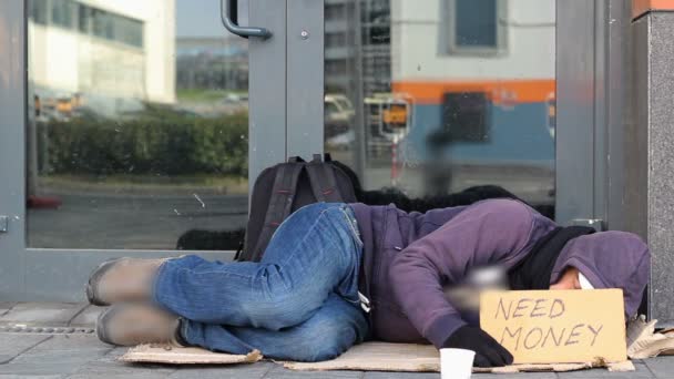 Homeless Beggar Man Sleeping Street — Stock Video