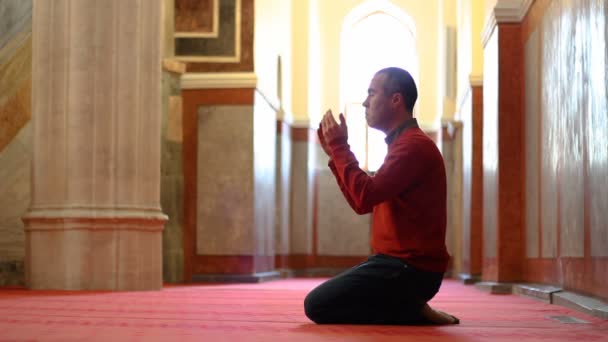 祈るイスラム教徒の男性とモスクでの礼拝 — ストック動画